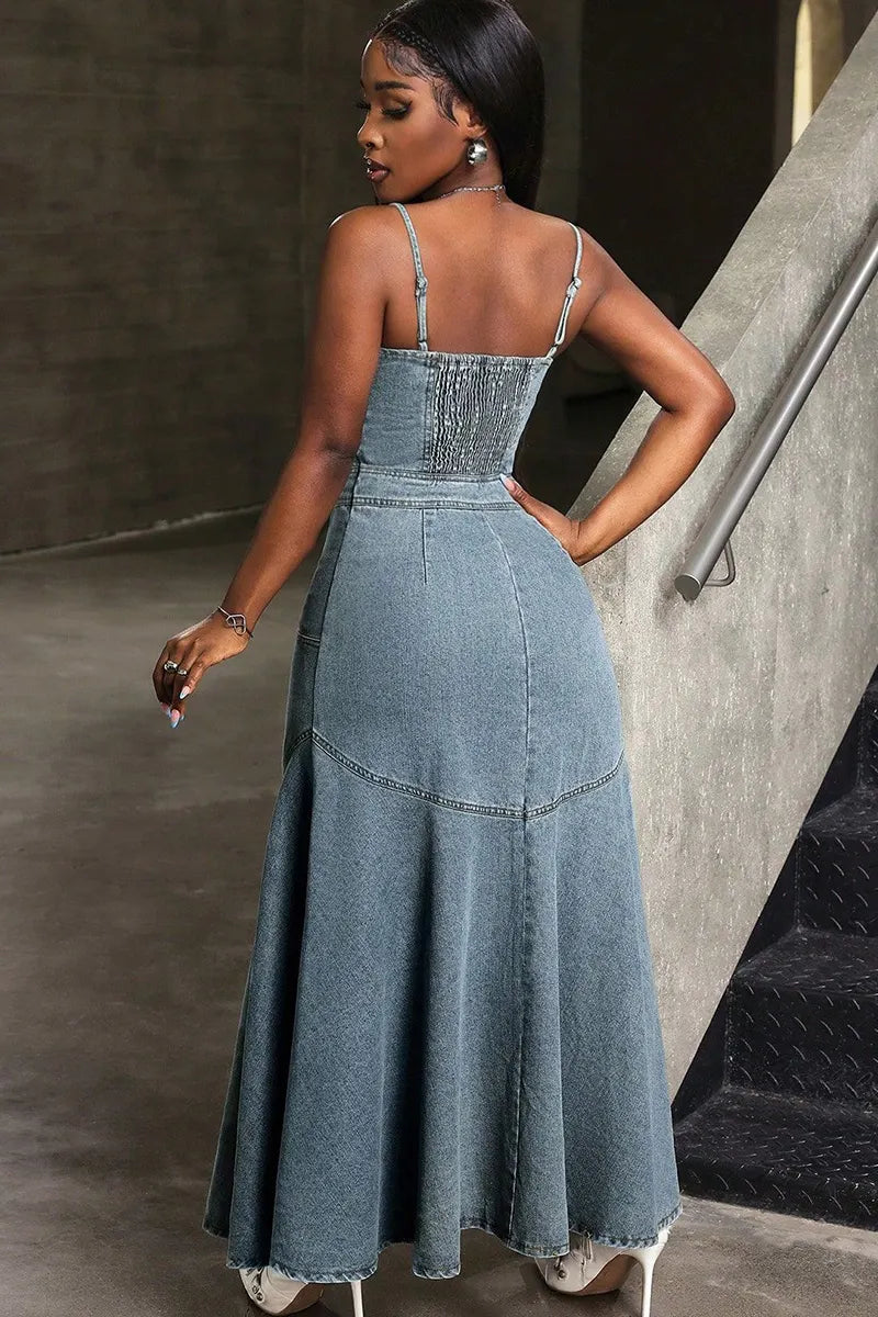 Women's Classic Denim Slip Dresses With Single Breasted Design