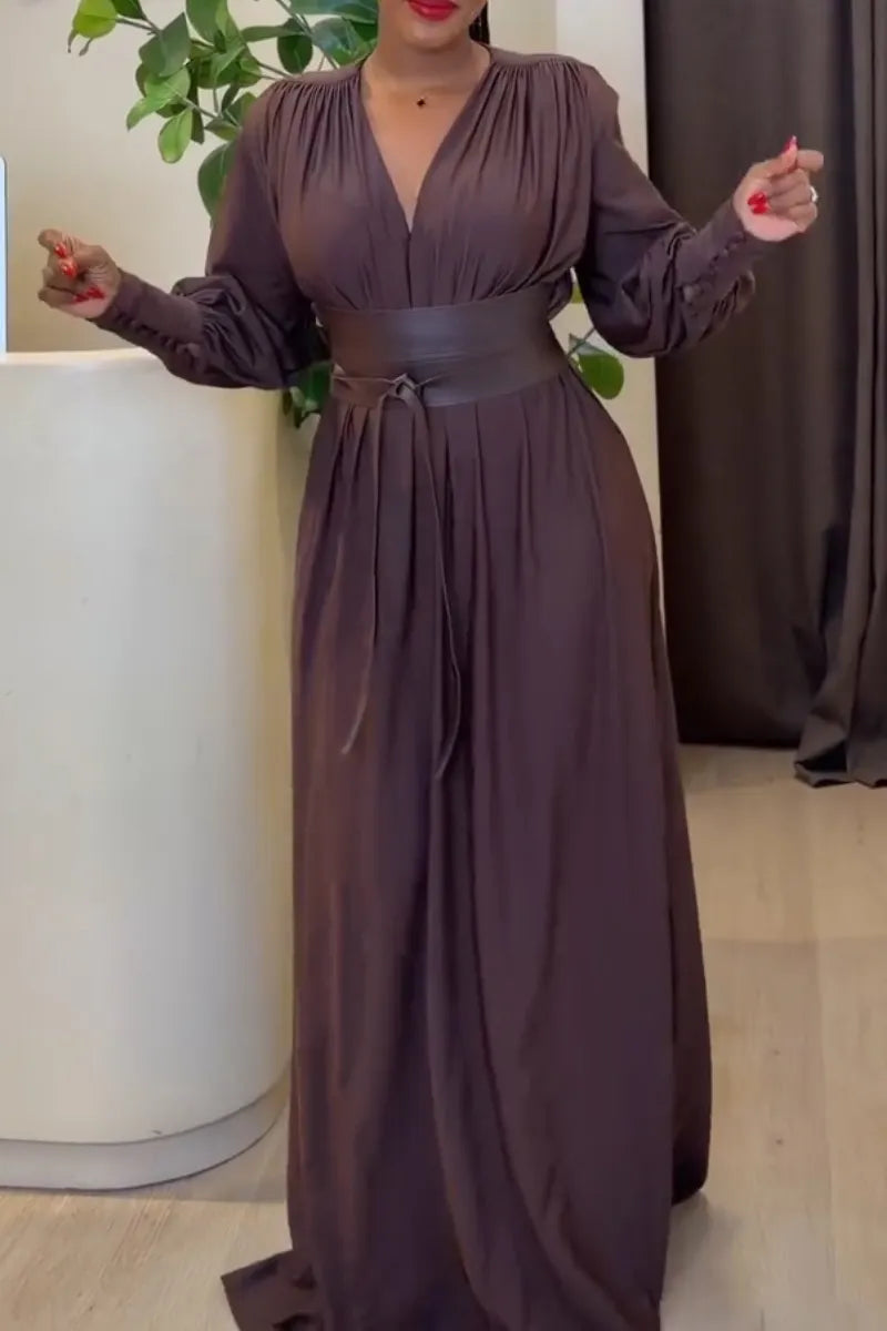 Women V-neck Waist Cinched Elegant Temperament Dress
