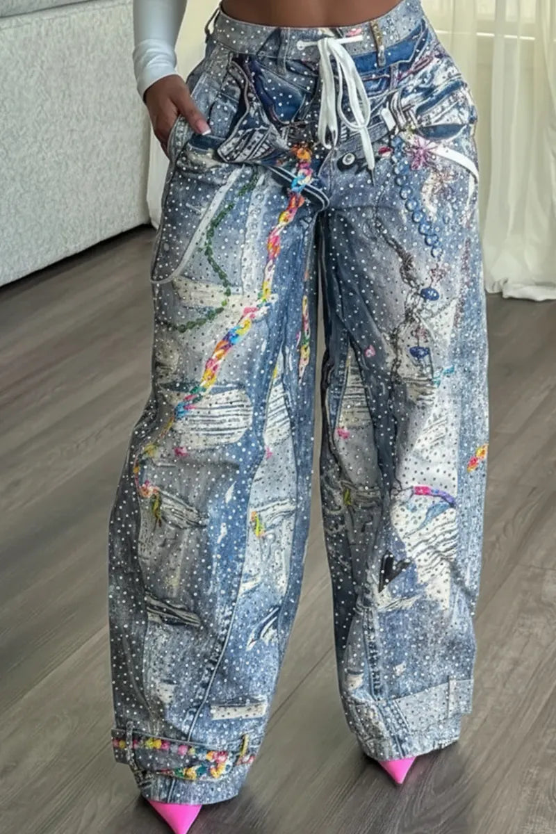 Women's Street Style Printed Rhinestone Wide Leg Jeans