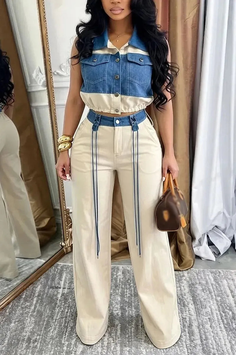 Women's Collar Patchwork Denim Top or Casual Wide Leg Pants