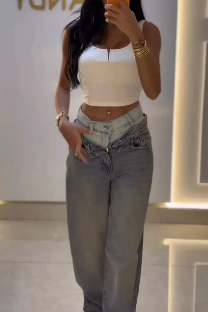 Women Dual Fold Waist Two Tone Gradient Wash Baggy Wide Leg Jeans