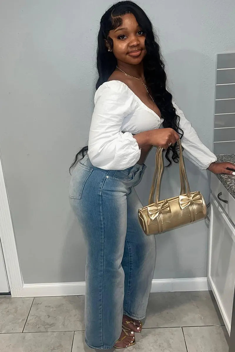 Fashionable Washed Denim Wide Leg Jeans For Women