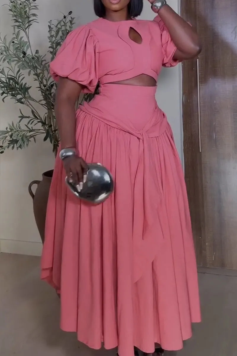 Women's Elegant Puff Sleeve Top A-Line Pleated Hem Skirt Two-Piece Set