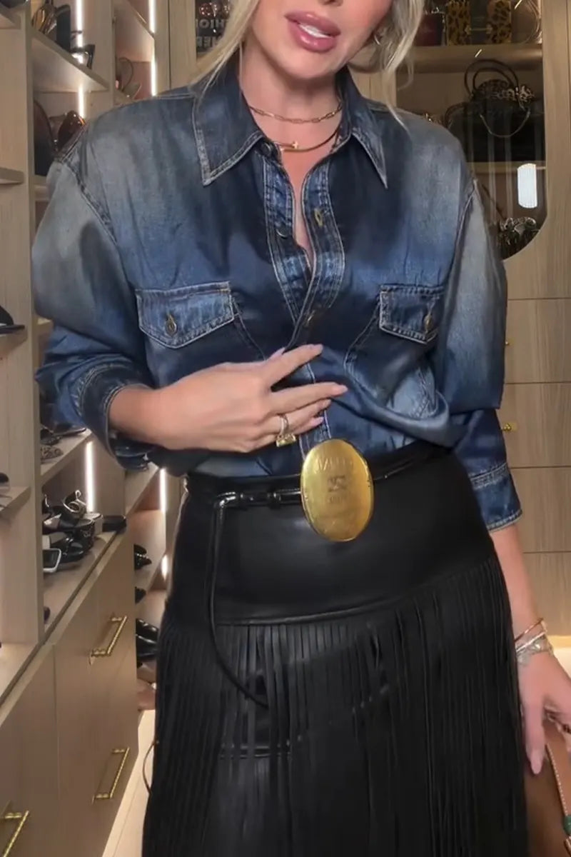 Women's Collar Washed Denim Shirt or Irregular Tassel Skirt