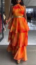 Women Neck Hanging Sleeveless Dyed Patchwork Elegant Temperament Dress