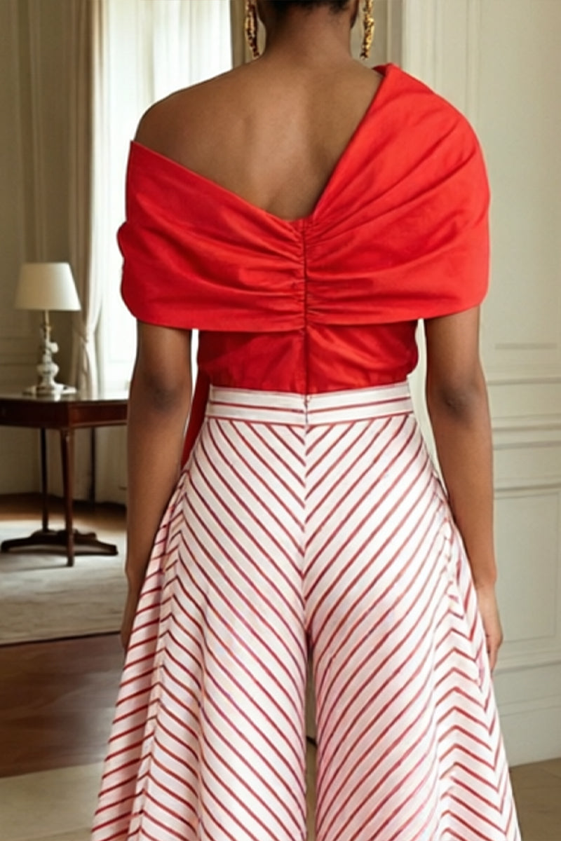 Women's Slanted Neck Solid Color Top or Striped Flared Pants