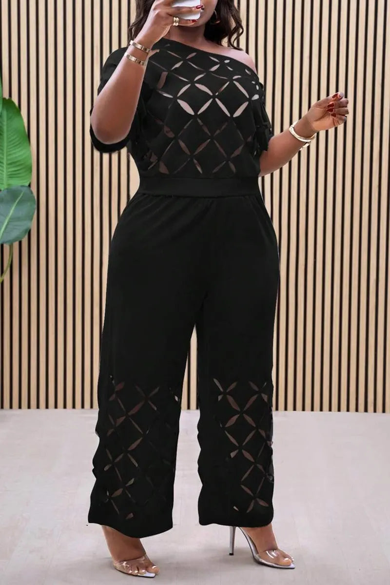 Women's Casual Burnout Pattern Cut-Out Top Pants Two-Piece Set