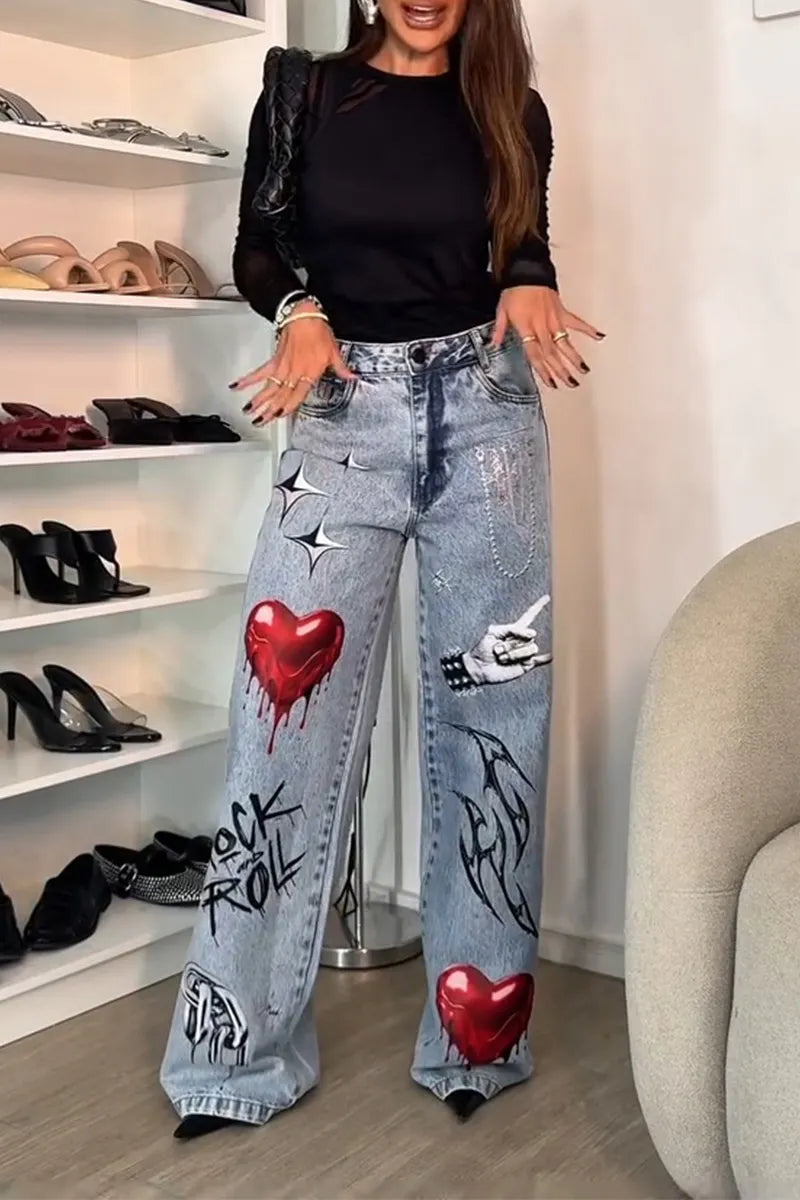 Women's Fashion Pattern Print Wide Leg Jeans