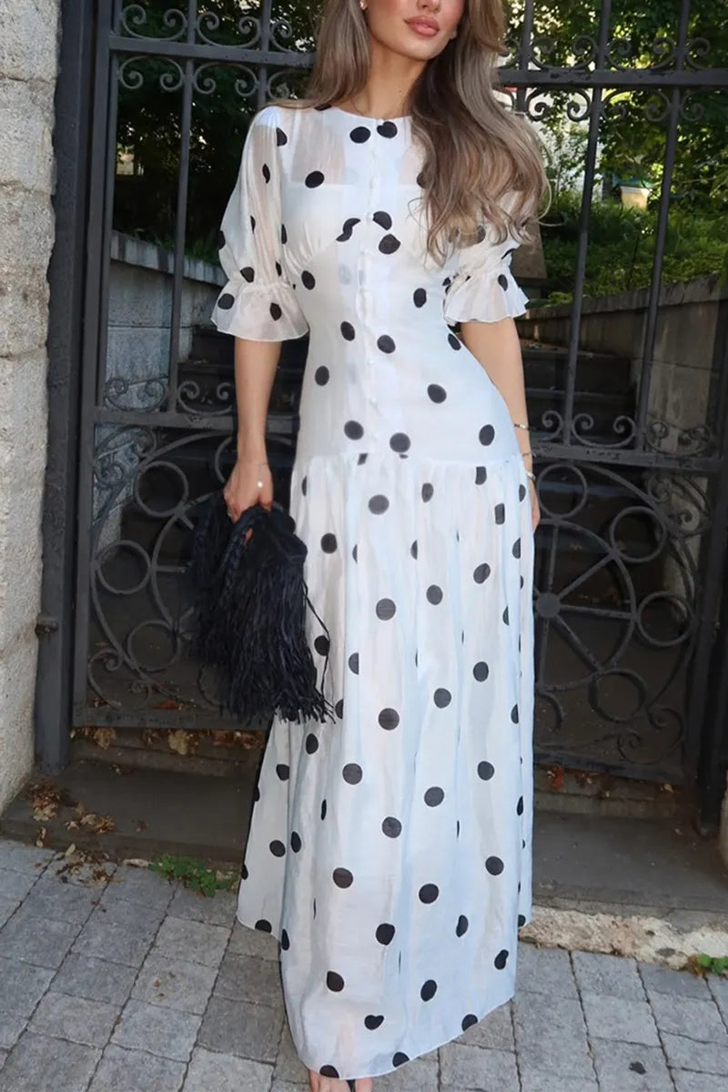 Women's Fashion Puff Sleeve Polka Dot Maxi Dress