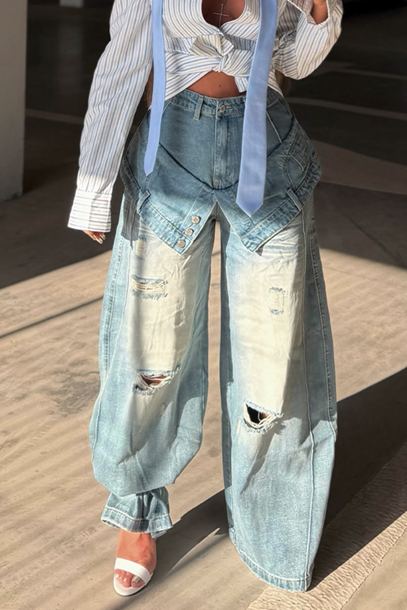 Women's Fashion Faux Two-Piece Ripped Wash Wide Leg Jeans