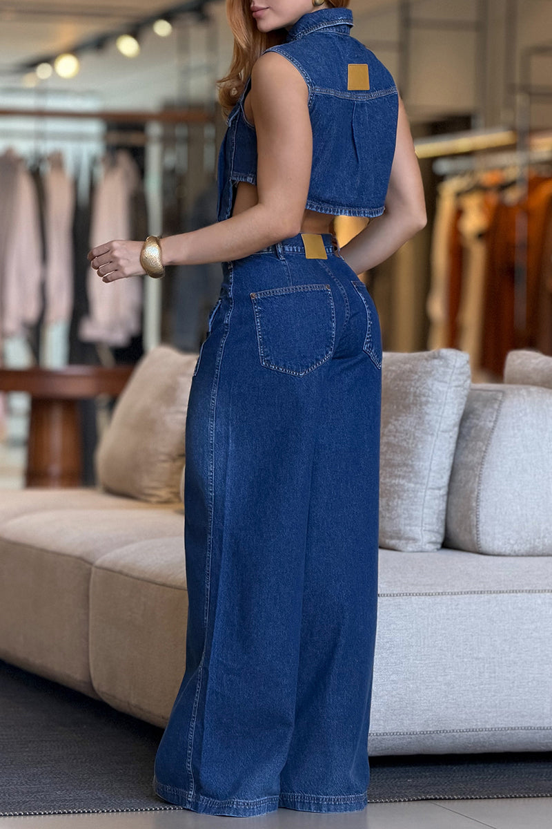 Women's Casual Pocket Decoration Short Denim Top or Wide Leg Jeans
