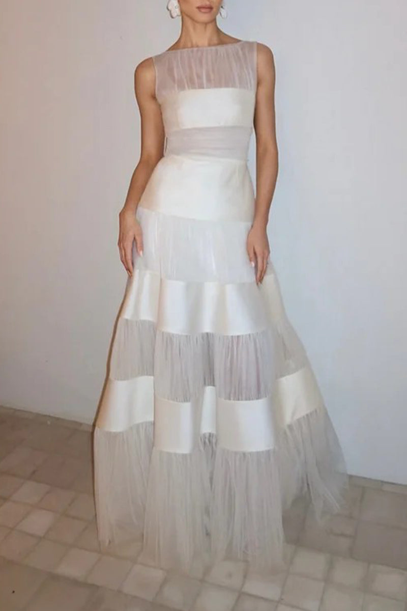 Women's Round Neck Sleeveless Mesh Patchwork Elegant Temperament Dress
