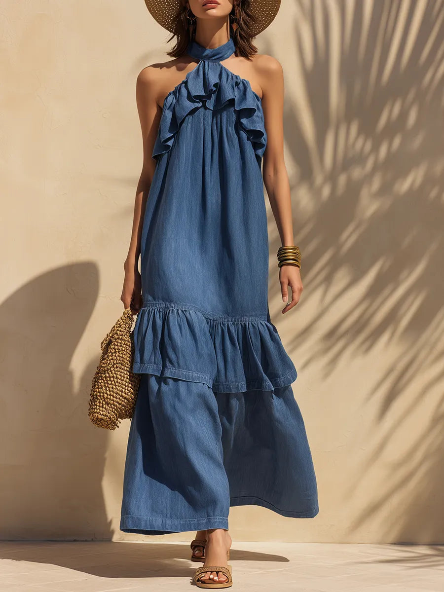 Elegant Bohemian Ruffled Sleeveless Denim Maxi Dress