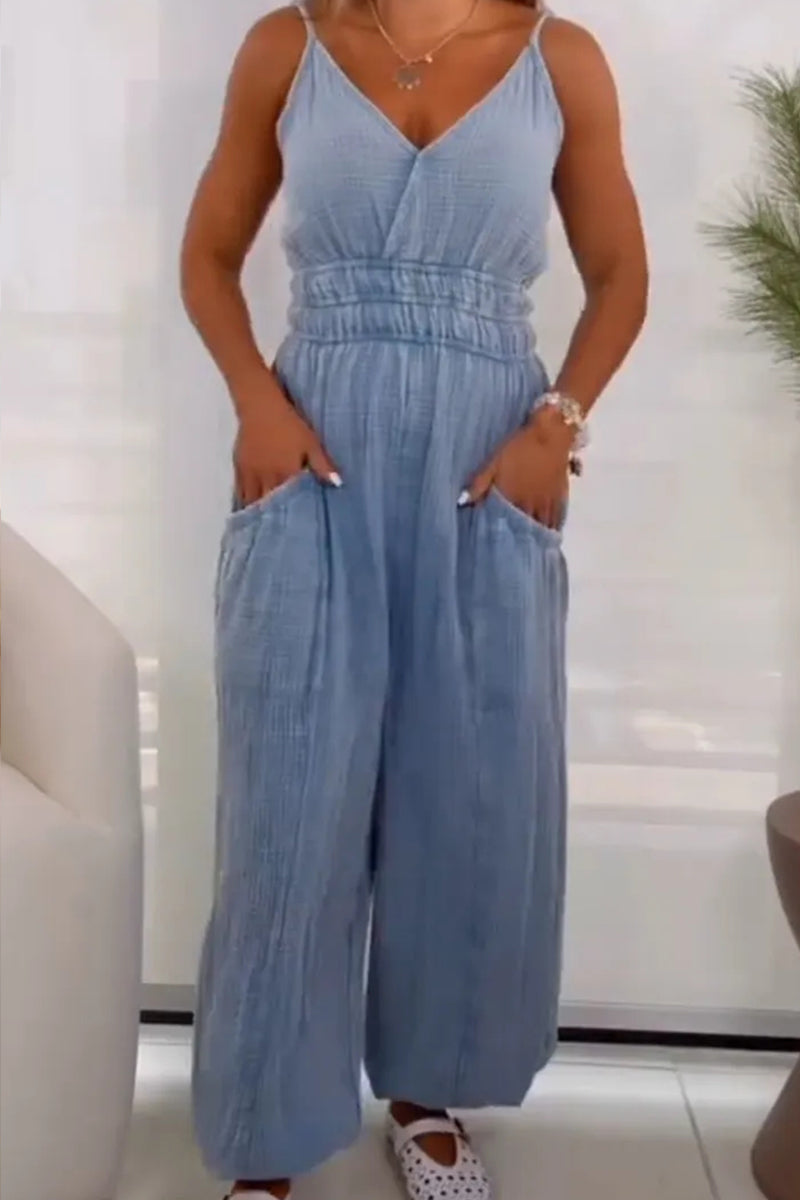 Women's Casual Ombré Denim Jumpsuit With Spaghetti Straps