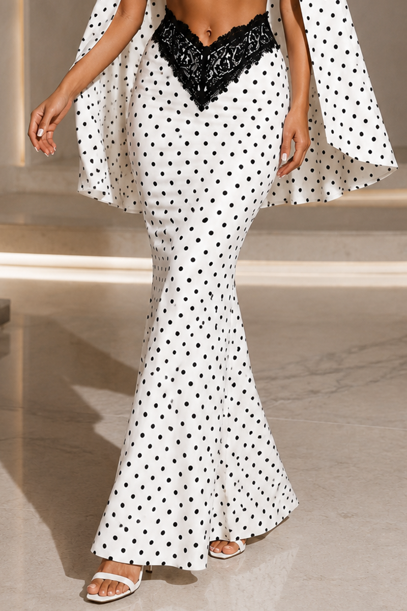 Polka Dot Cape Sleeve Crop Top & Lace Detail Mermaid Maxi Skirt Set
