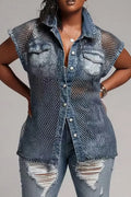 Women Casual Mesh Splice Washed Denim Sleeveless Collared Button Down Shirt