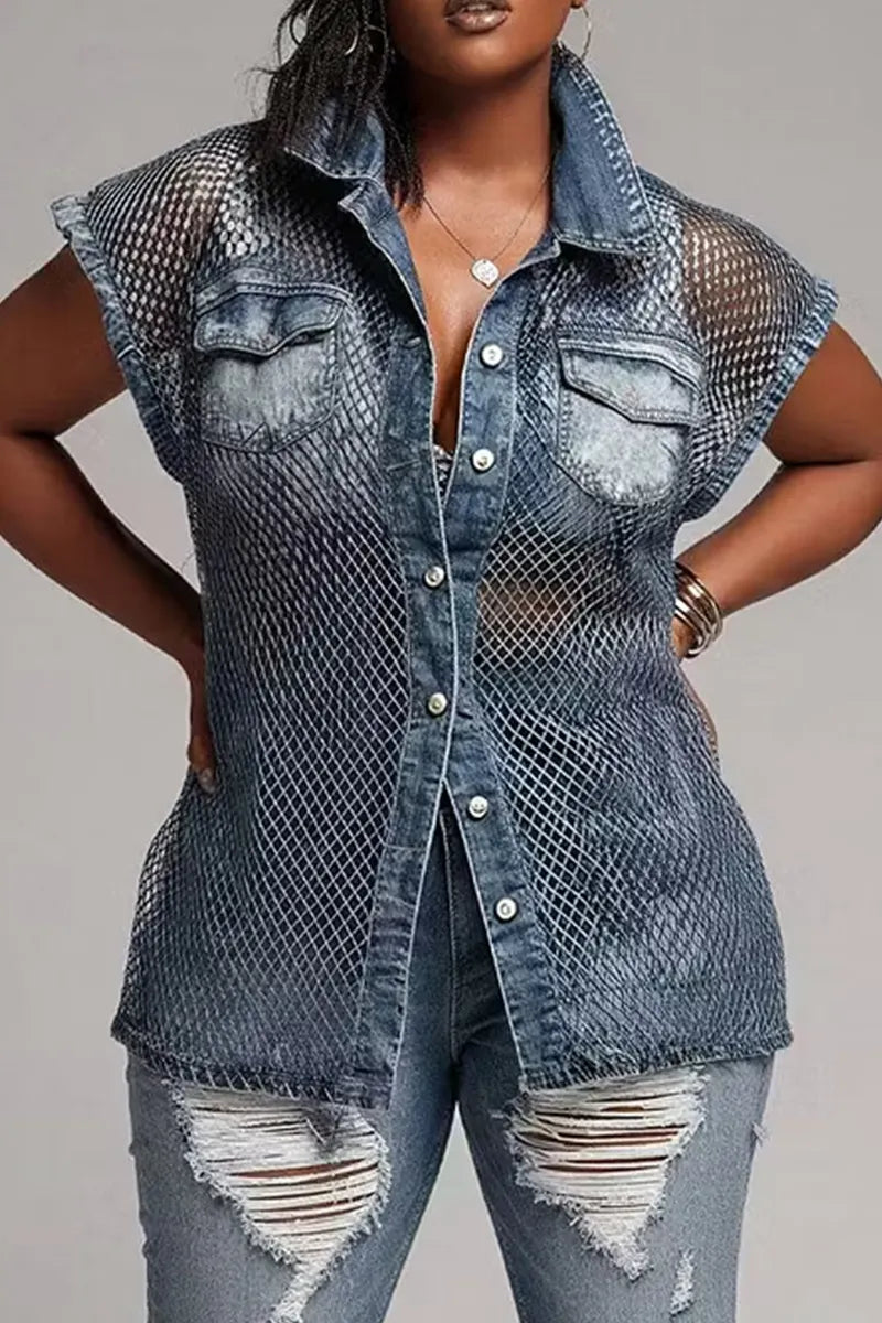 Women Casual Mesh Splice Washed Denim Sleeveless Collared Button Down Shirt