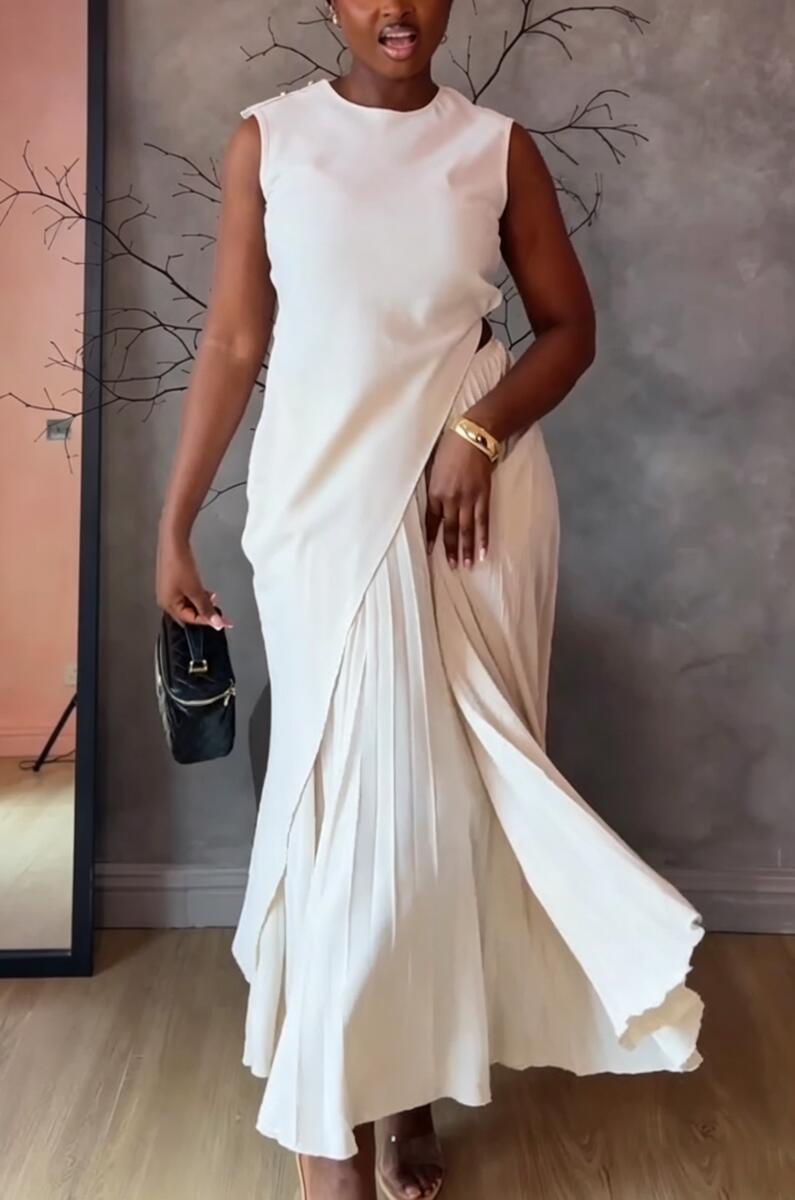 Women's Round Neck Irregular Long Top+ Pleated Skirt Elegant Casual Set