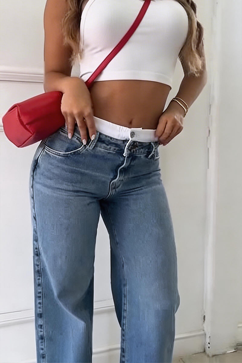 Women's Casual Versatile Waist Color Block Jeans