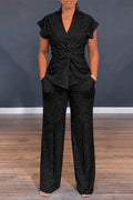 Women's V-neck Pleated Sparkling Casual Suit
