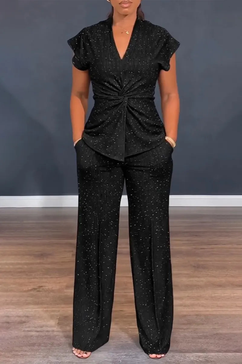 Women's V-neck Pleated Sparkling Casual Suit