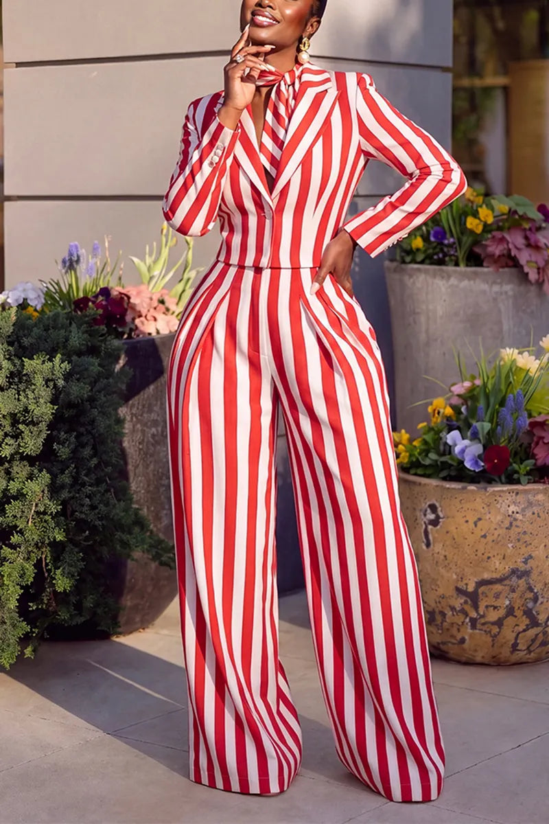 Women's Elegant Lapel Stripe Blazer Suit Pants Two-Piece Set