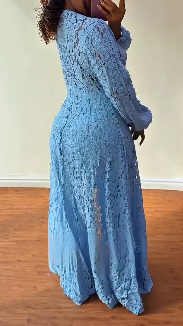 Women Long Lace Cardigan + Trousers Solid Color Casual Suit