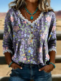 Women's Vintage Floral Print Casual Hollow-Out Denim Shirt