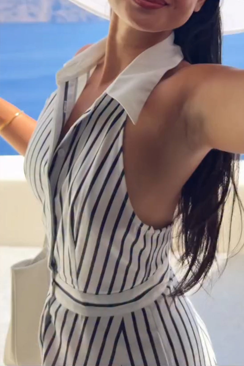Women's Fashion Vacation Lapel Stripe Maxi Dress