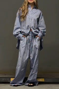 Women Collar Embroidered Flower Shirt+ Wide Leg Pants Casual Set