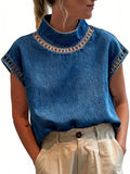 Women's Solid Color Hollowed-out High-neck Casual Denim Shirt