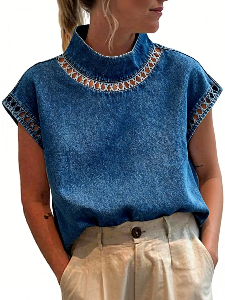 Women's Solid Color Hollowed-out High-neck Casual Denim Shirt