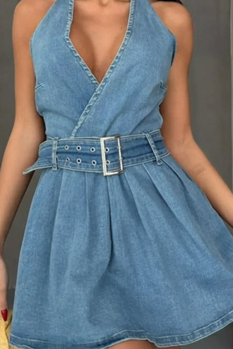 Women's Sexy Halter Neck Backless Denim Mini Dress