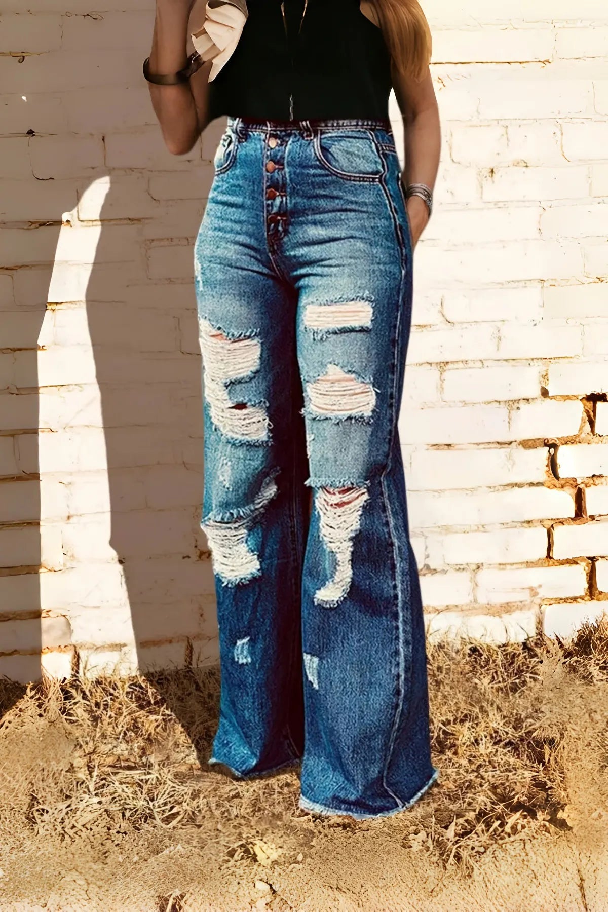 Women's Casual Ripped Wide Leg Jeans