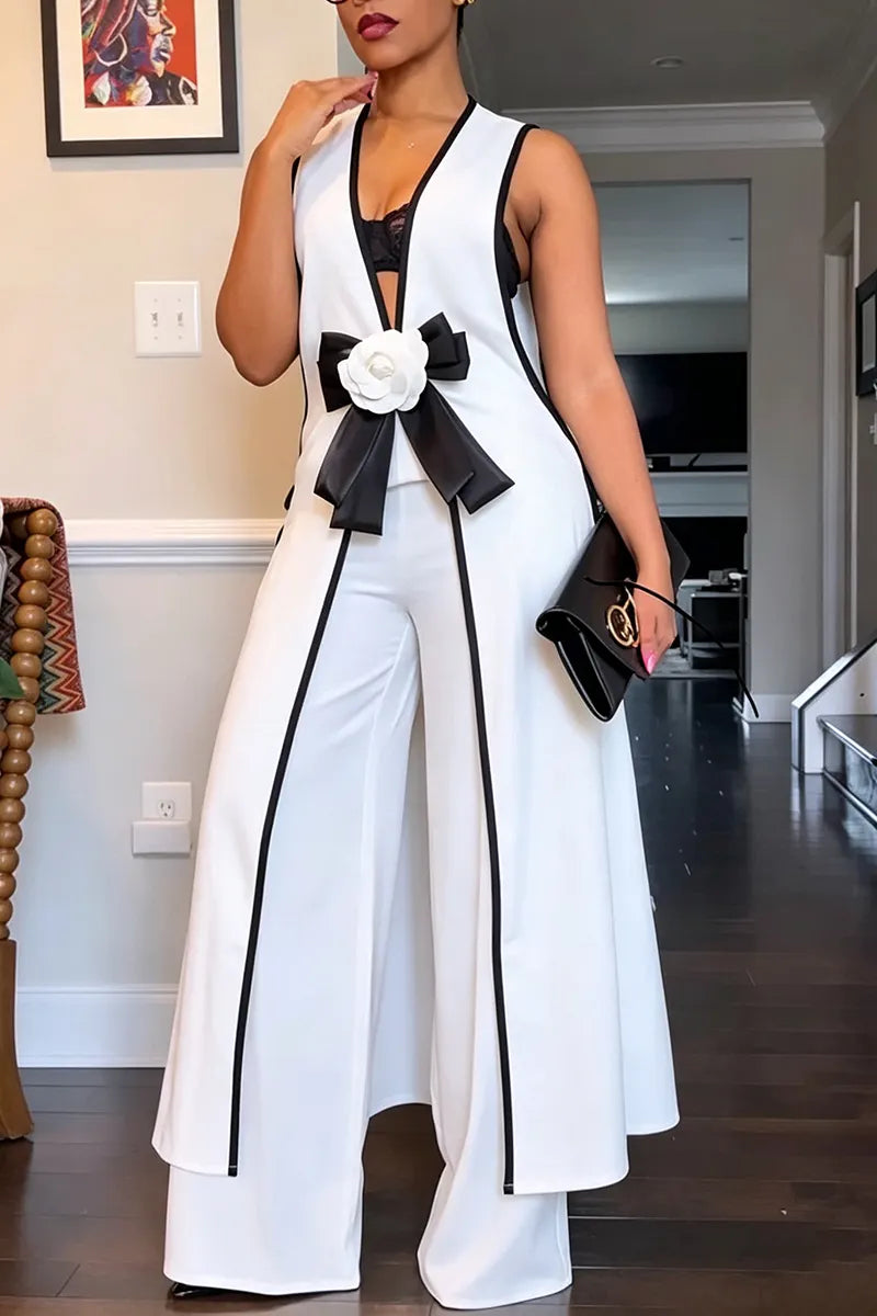 Women's Fashion Color Block Fabric Edge Vest Pants Two-Piece Set
