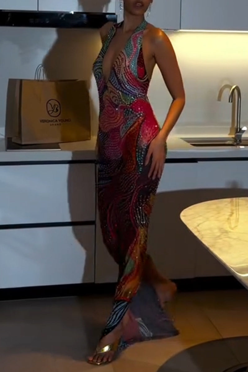 Women's Elegant Pattern Shiny Rhinestone Party Maxi Dress