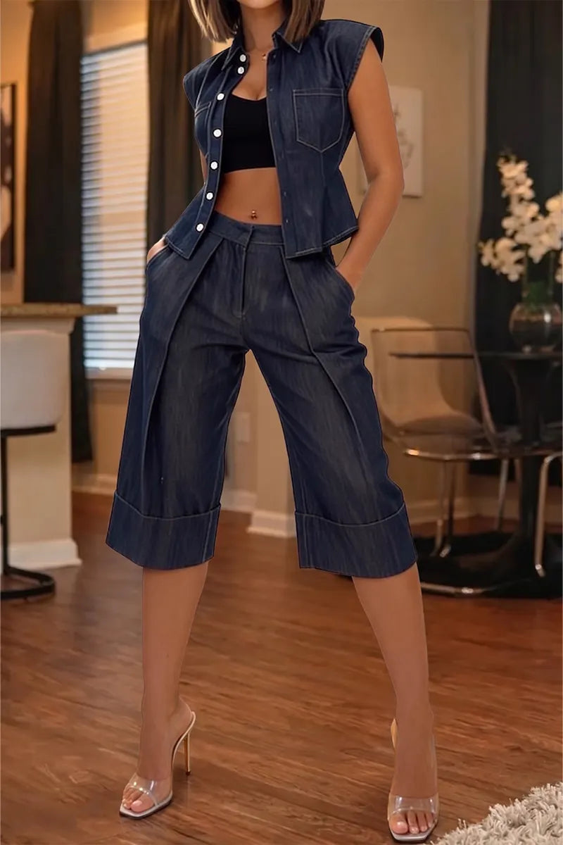 Women's Elegant Waist Cinching Denim Vest or Short Jeans