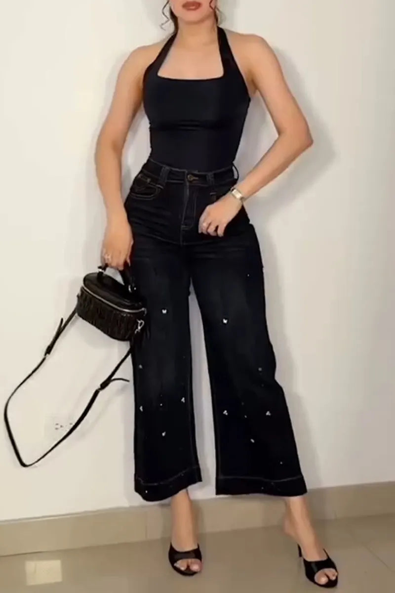 Women's Rhinestone Casual Wide Leg Jeans