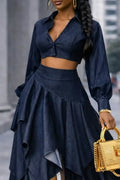 Women's Fashion Short Denim Top or Asymmetric Ruffle Hem Denim Skirt