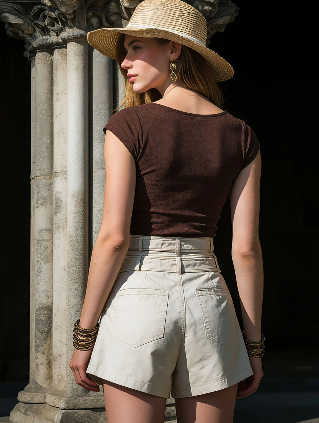 Resort-Style Double-Belted Beige Denim Shorts