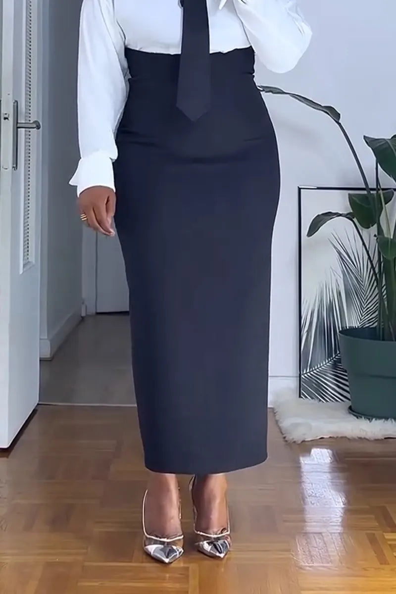 Women's Elegant Solid Shirts & High-Waist Bodycon Skirt