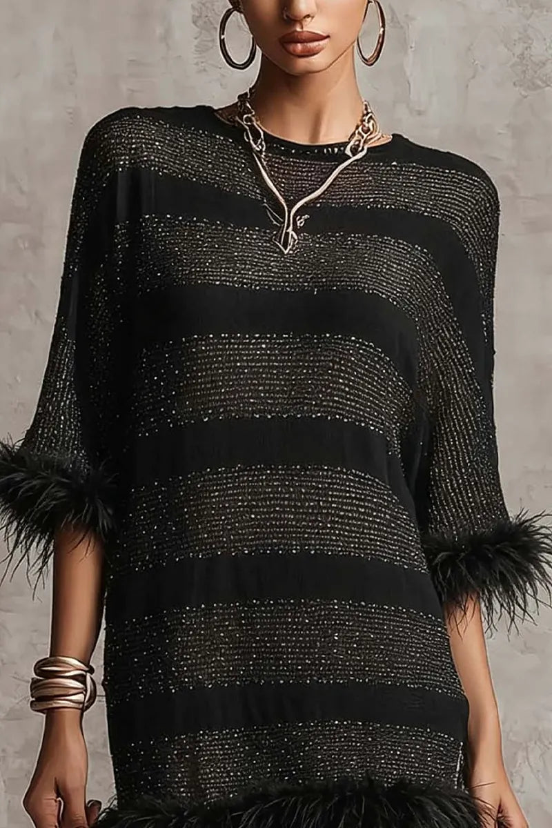 Women's Round Neck Rhinestone Splicing Wool Strip Elegant Casual Dress
