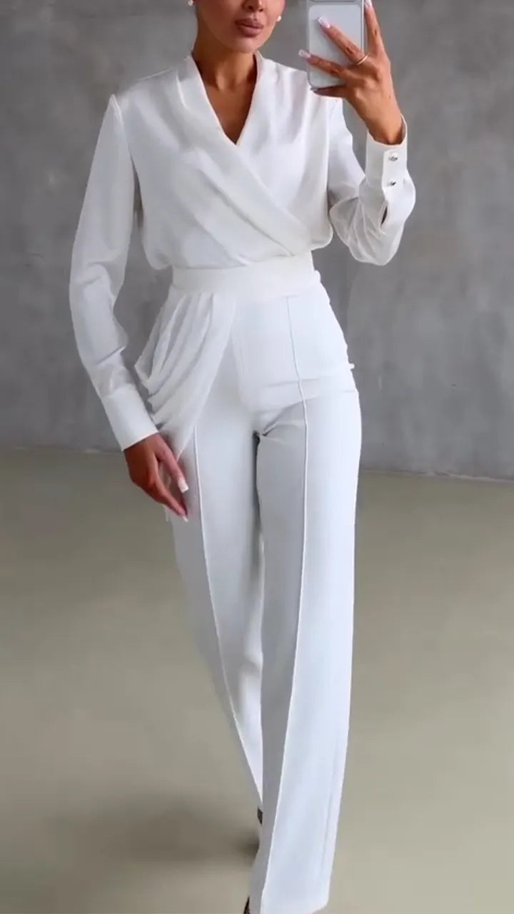 Women V-neck Top + Patchwork Pants Solid Color Temperament Commuting Set