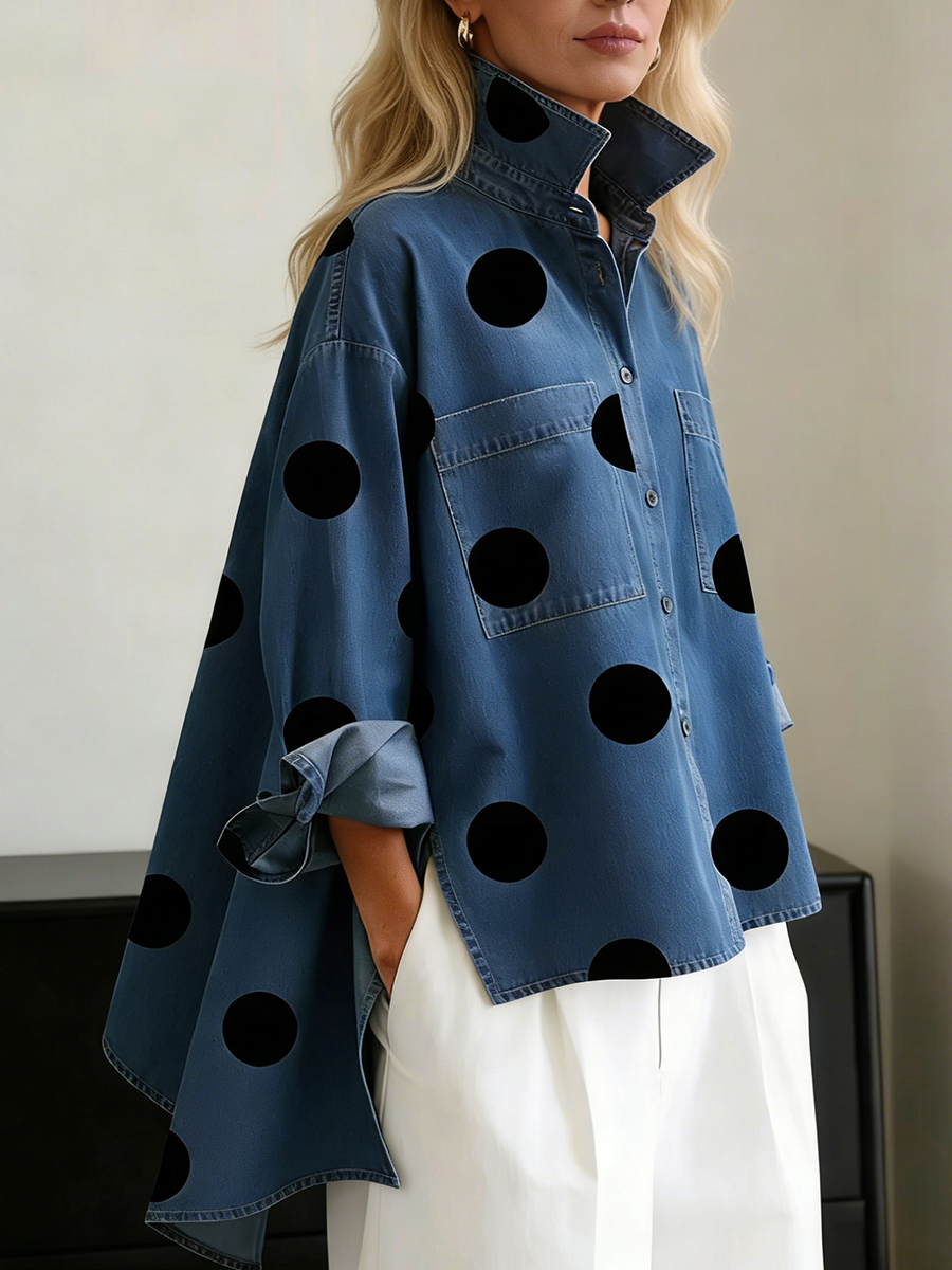 Elegant Artistic Polka Dot Print Stand-collar Cotton Top