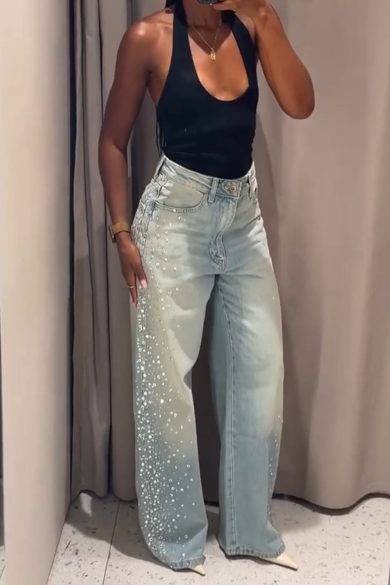 Women's Rhinestone Washed Casual Jeans