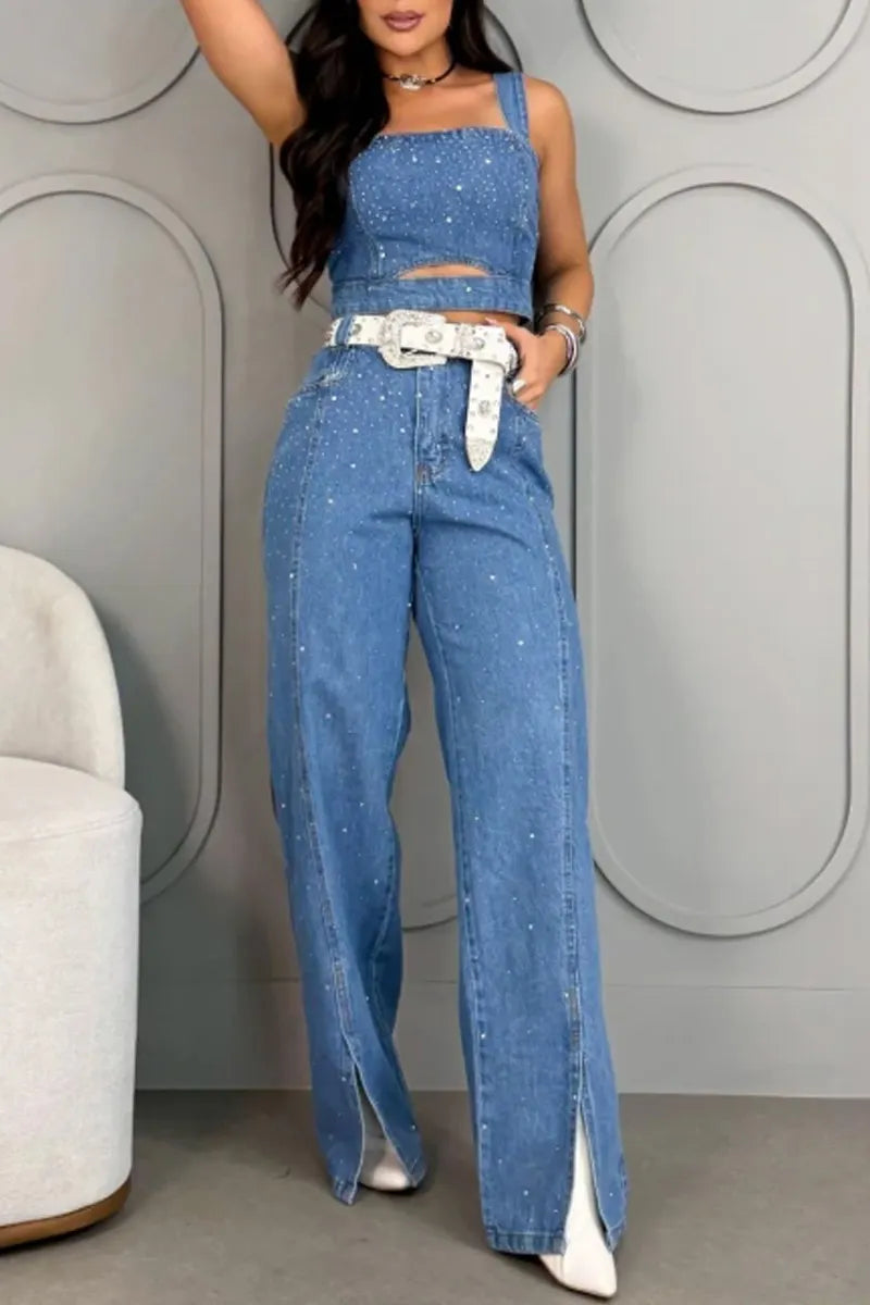 Women's Western Style Denim Crop Top Or Wide Leg Pants with Slit