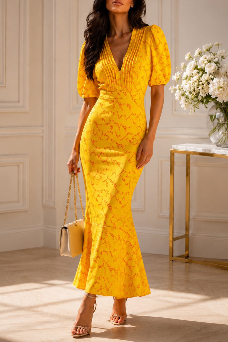 Women's V-neck Printed Patchwork Slim Fit Elegant Temperament Dress