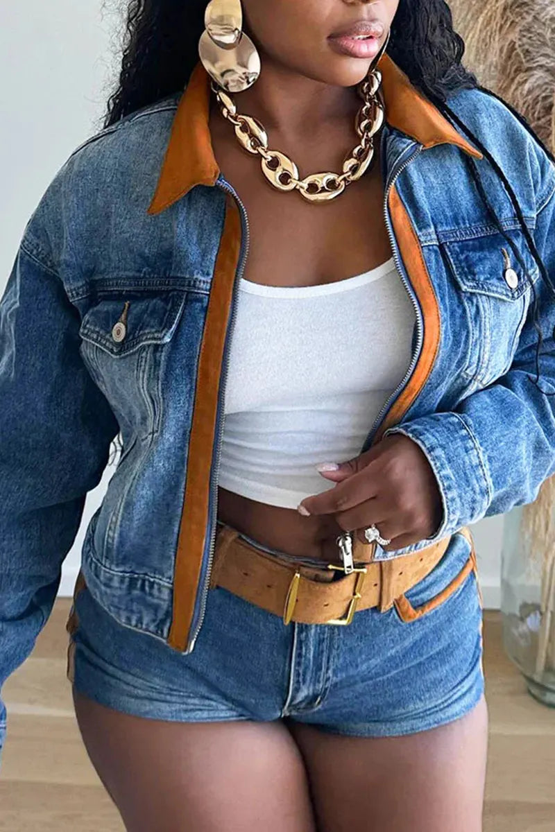 Women's Casual Long Sleeve Denim Jacket Or Casual Short Denim Shorts