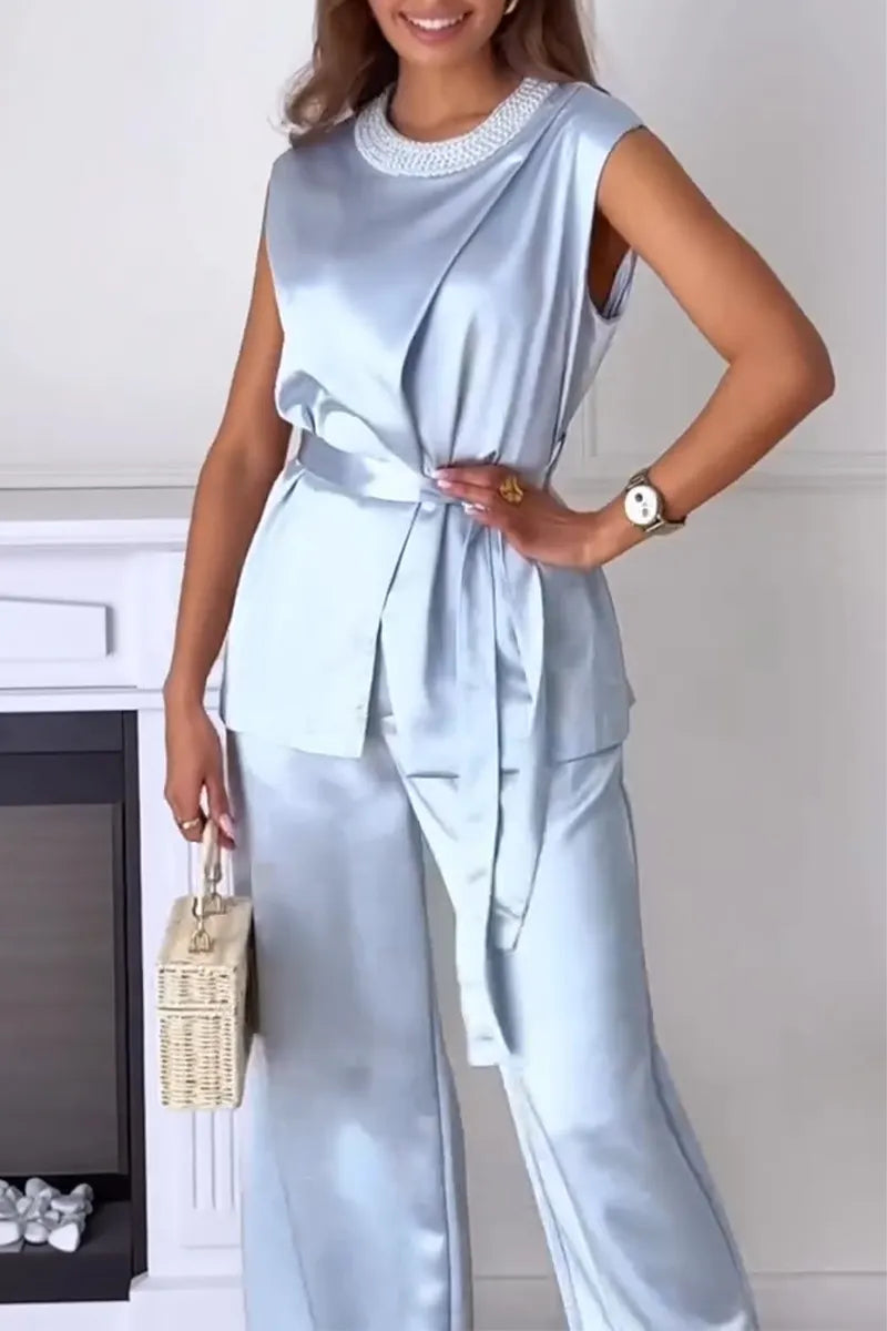 Women's Round Neck Sleeveless Waistband Top+ Pants Satin Casual Suit