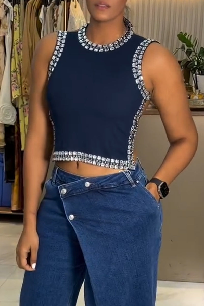 Women's Neck Hanging Nail Drill Back Hollow Top or Spliced Jeans